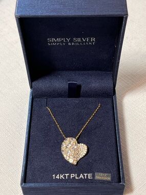 New SIMPLY SILVER 14KT Plate Gold Heart Pendant Necklace with Pave Crystals